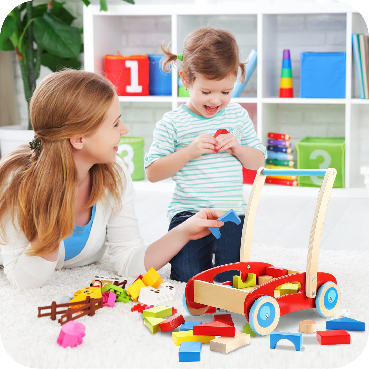 Wooden Baby Walker and Push Toy, Blocks and Roll Cart Pack of 2 Z9801