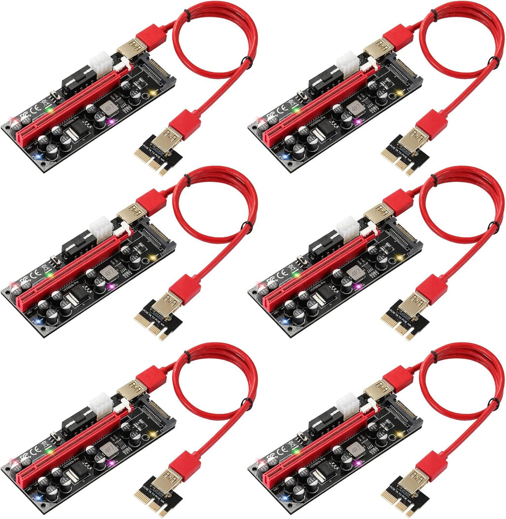 Red 6 PCS PCI-E 1X to 16X Riser Card with 6PIN SATA Power Cable L31529