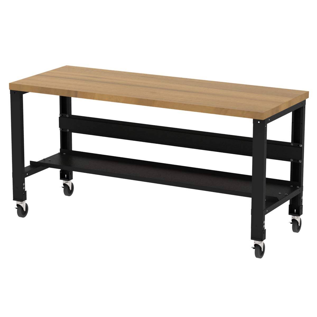 Adjustable Height Hardwood Top Workbench with Casters and Bottom Shelf, 30 in x 72 in H90585
