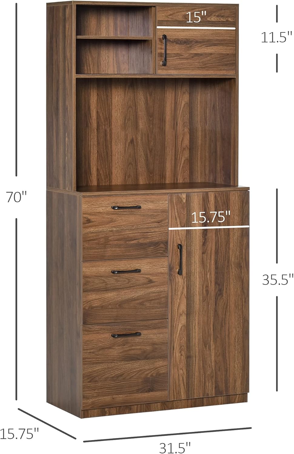Walnut Kitchen Buffet Hutch with 3 Drawers and Sliding Door B675