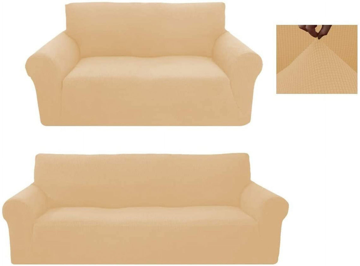 Beige/Cream 2-Piece Brushed Polyester Spandex SlipCover Set for Sofa Loveseat Couch X3719