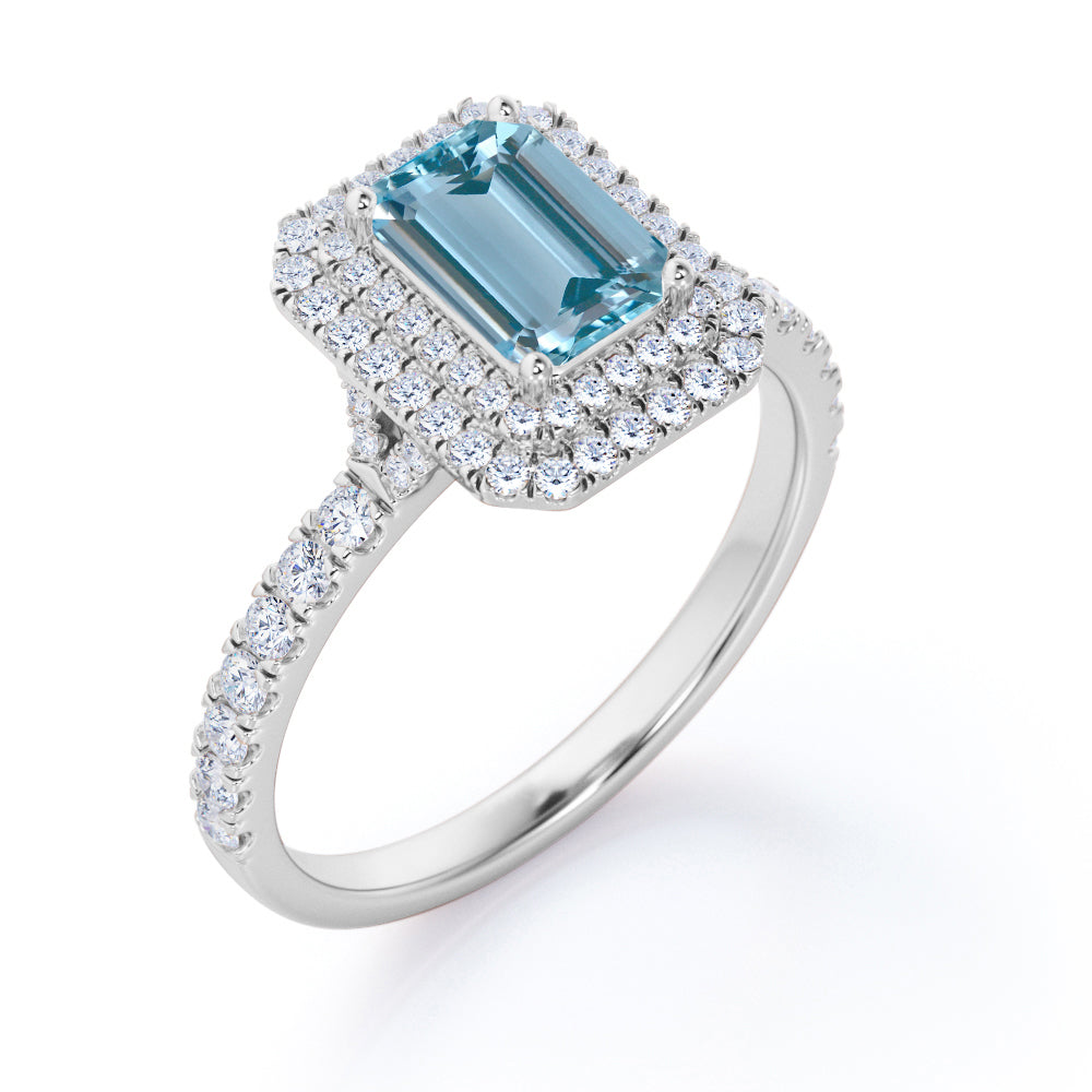18K White Gold Plated Emerald Cut Aquamarine and Moissanite Double Halo Engagement Ring L252