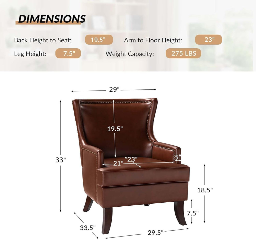 Brown Faux Leather Accent Chairs Set Of 2 With Nailhead Trim Wingback M9794