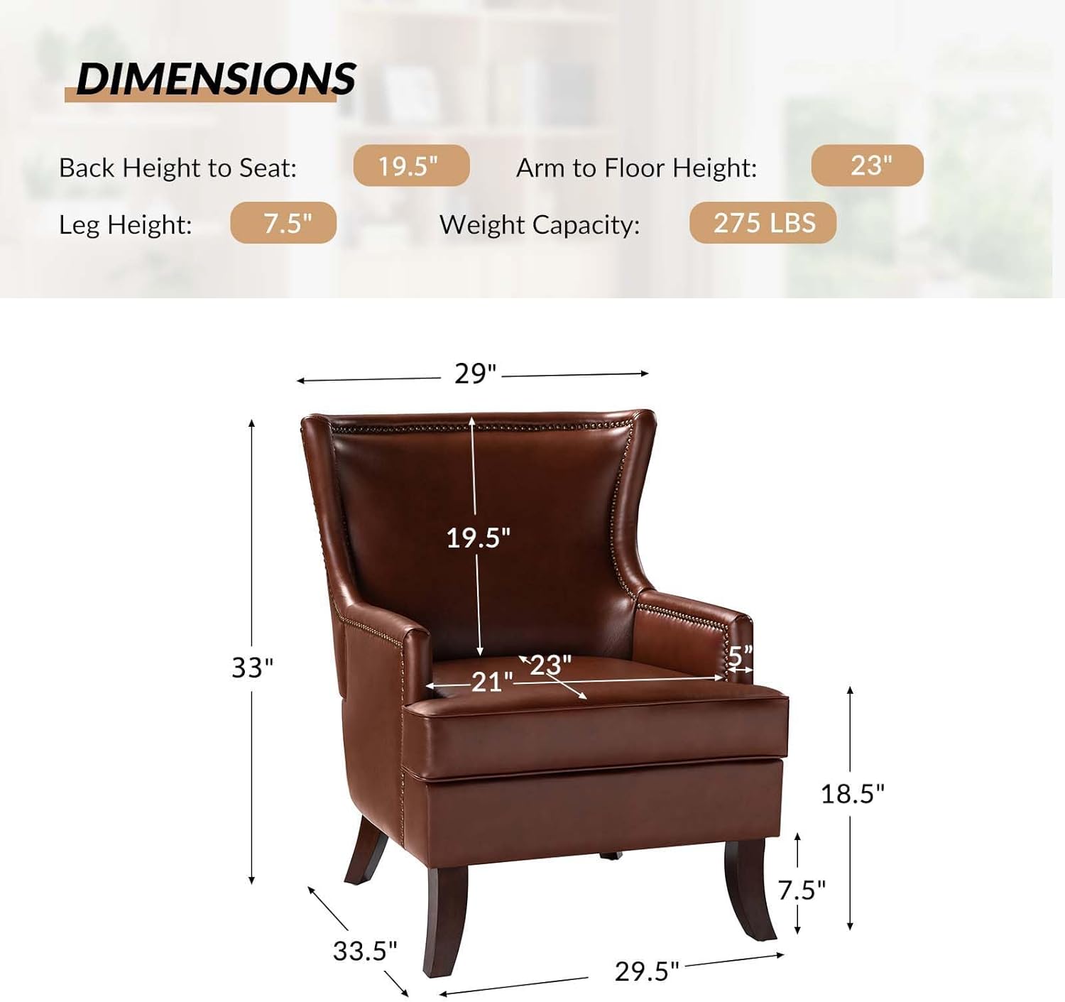 Brown Faux Leather Accent Chairs Set Of 2 With Nailhead Trim Wingback M9794