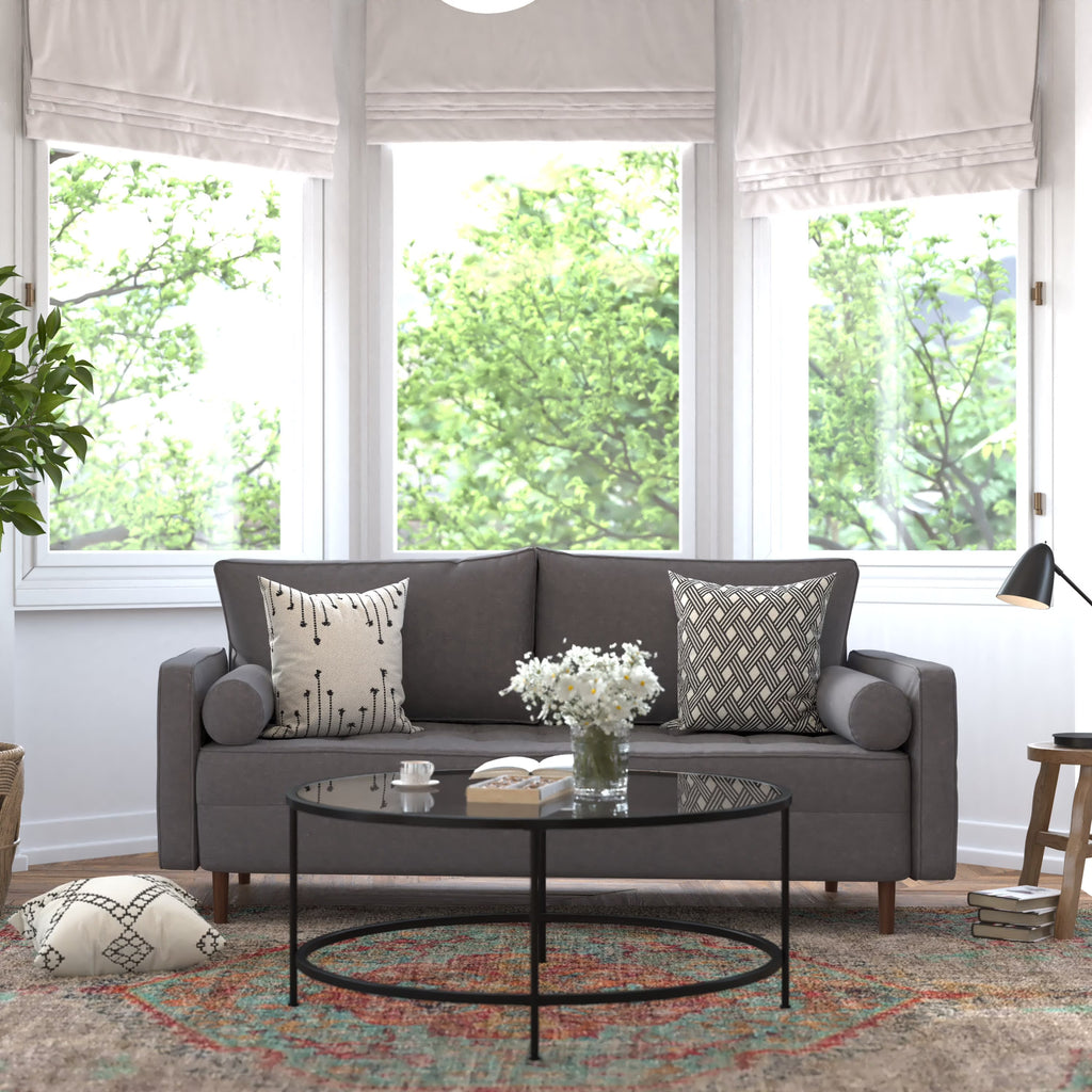 Dark Gray Tufted Faux Linen Sofa with Solid Wood Legs P188473