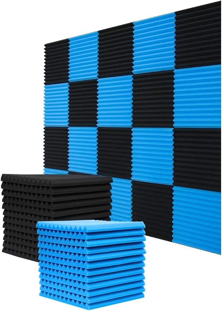 52 Pack Acoustic Foam Panels 12X12 X1 Sound Proof Noise Cancelling Foam Wedges (Black/Blue) P64540