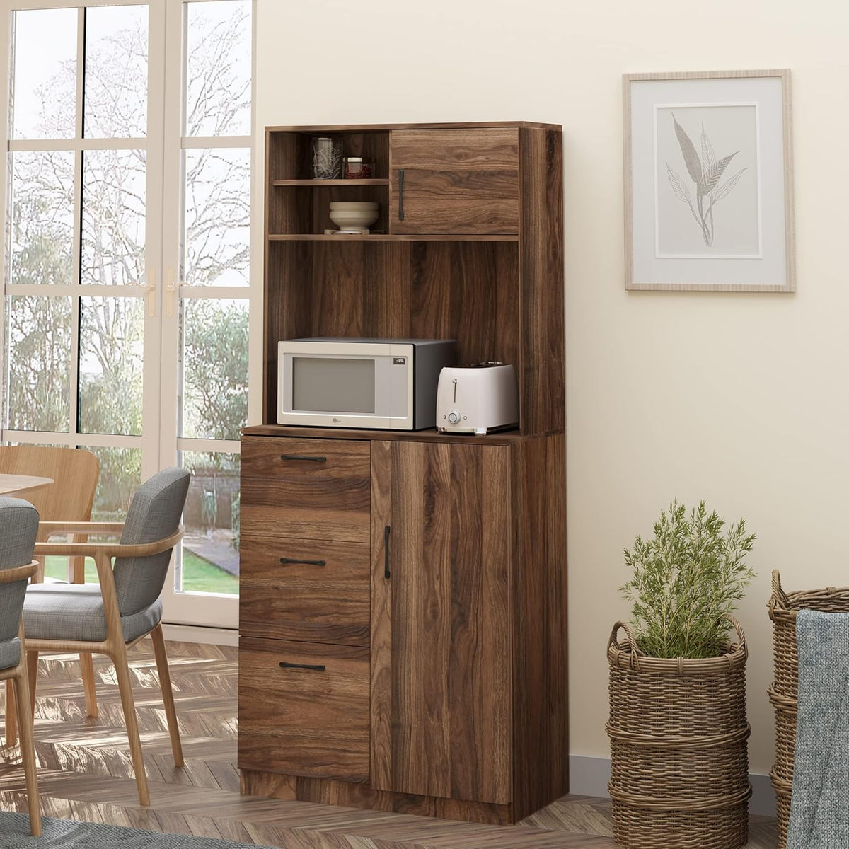 Walnut Kitchen Buffet Hutch with 3 Drawers and Sliding Door B675