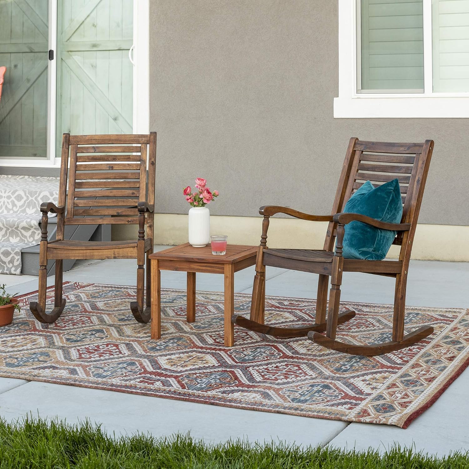Brown Acacia Wood Slat Back Patio Rocking Chair J17710
