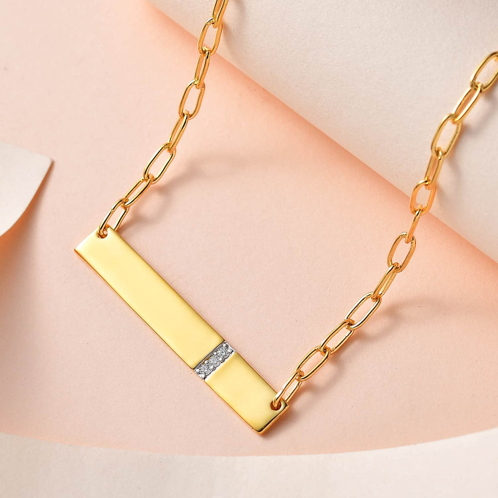 Moissanite Round 925 Sterling Silver Vermeil Yellow Gold Plated Initial Bar Necklace, Size 18", Ct 0.04 D68218