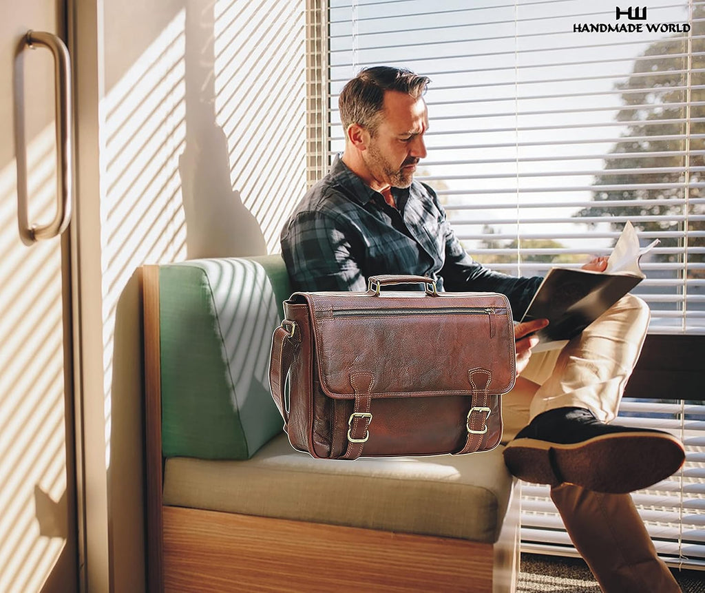 Genuine Full Grain Leather Messenger Bag Laptop Satchel Crossbody Bag, 16 Inch Brown K439831