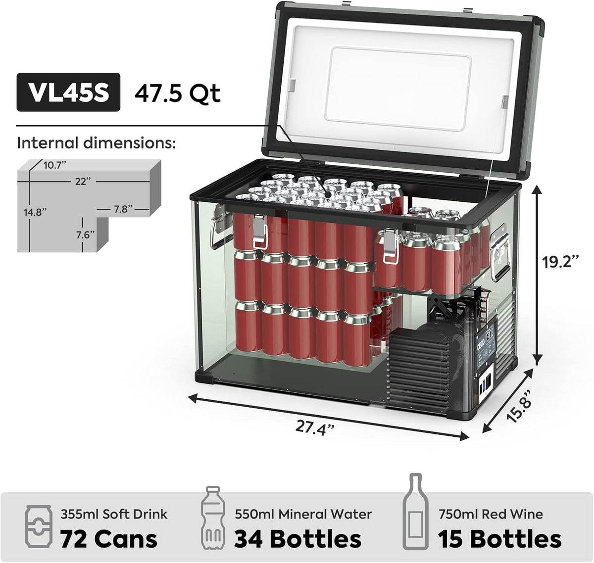 Portable Refrigerator with Compressor, 45 Liters, DC 12/24V, AC 110-240V T890532