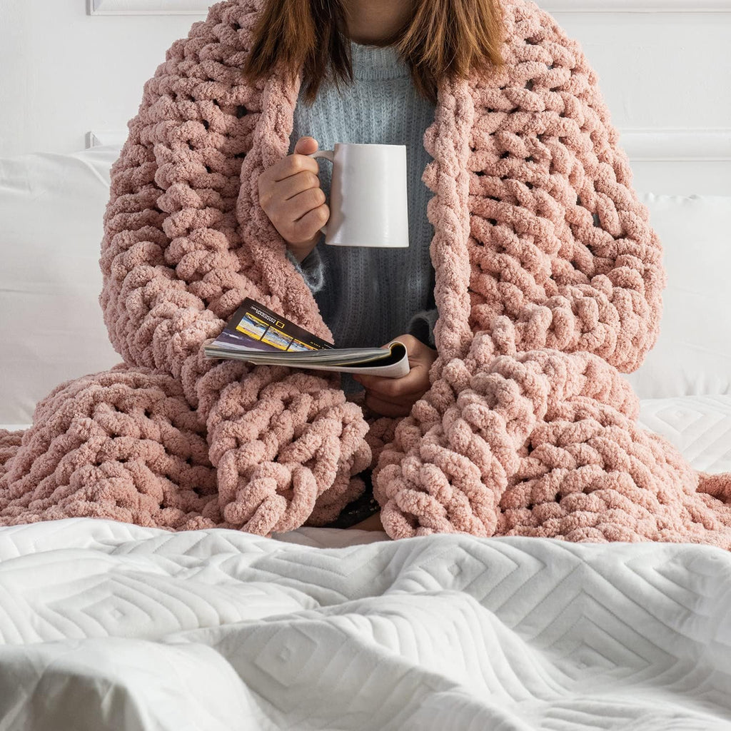 Blush Pink Chunky Knit Chenille Throw Blanket W32833