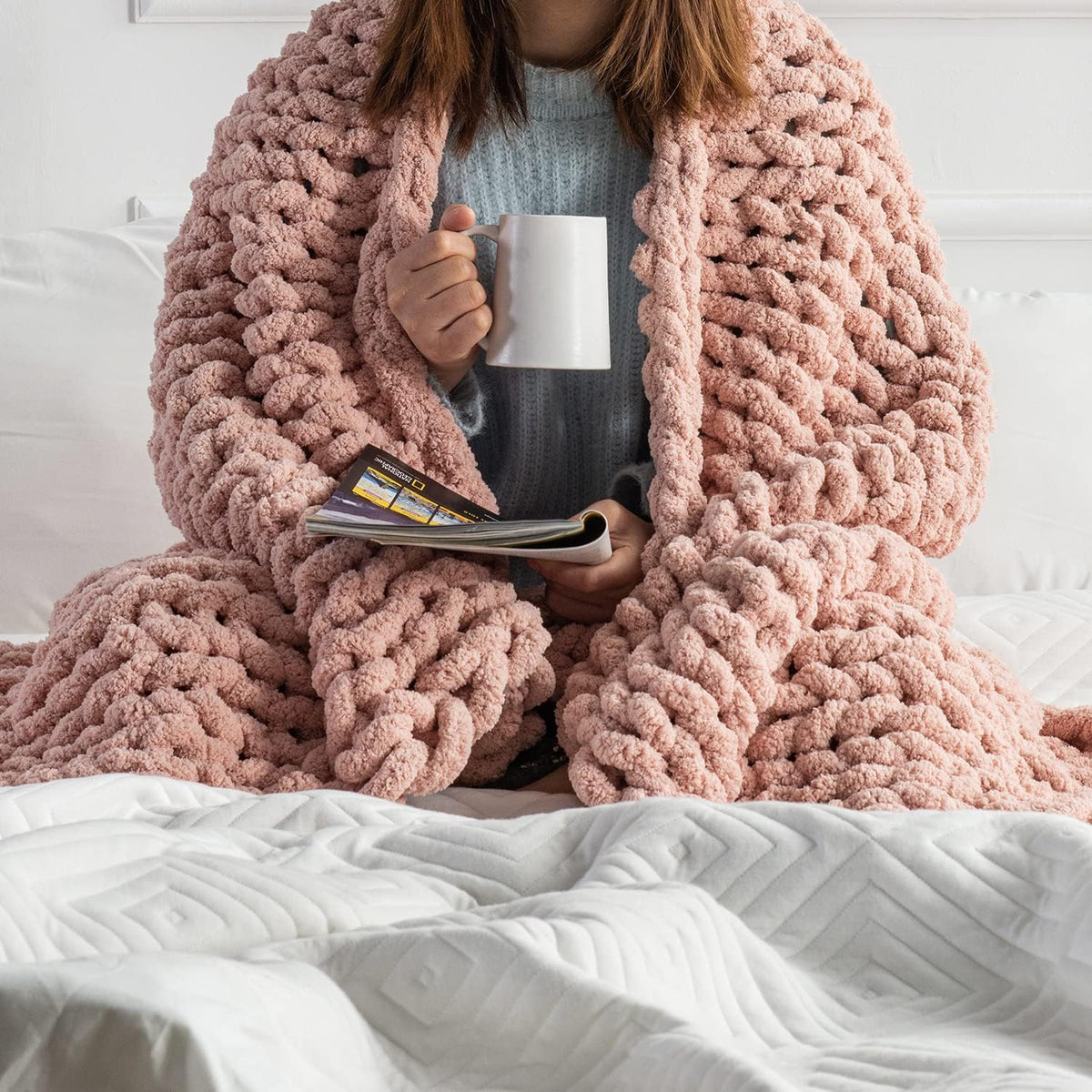 Blush Pink Chunky Knit Chenille Throw Blanket W32833