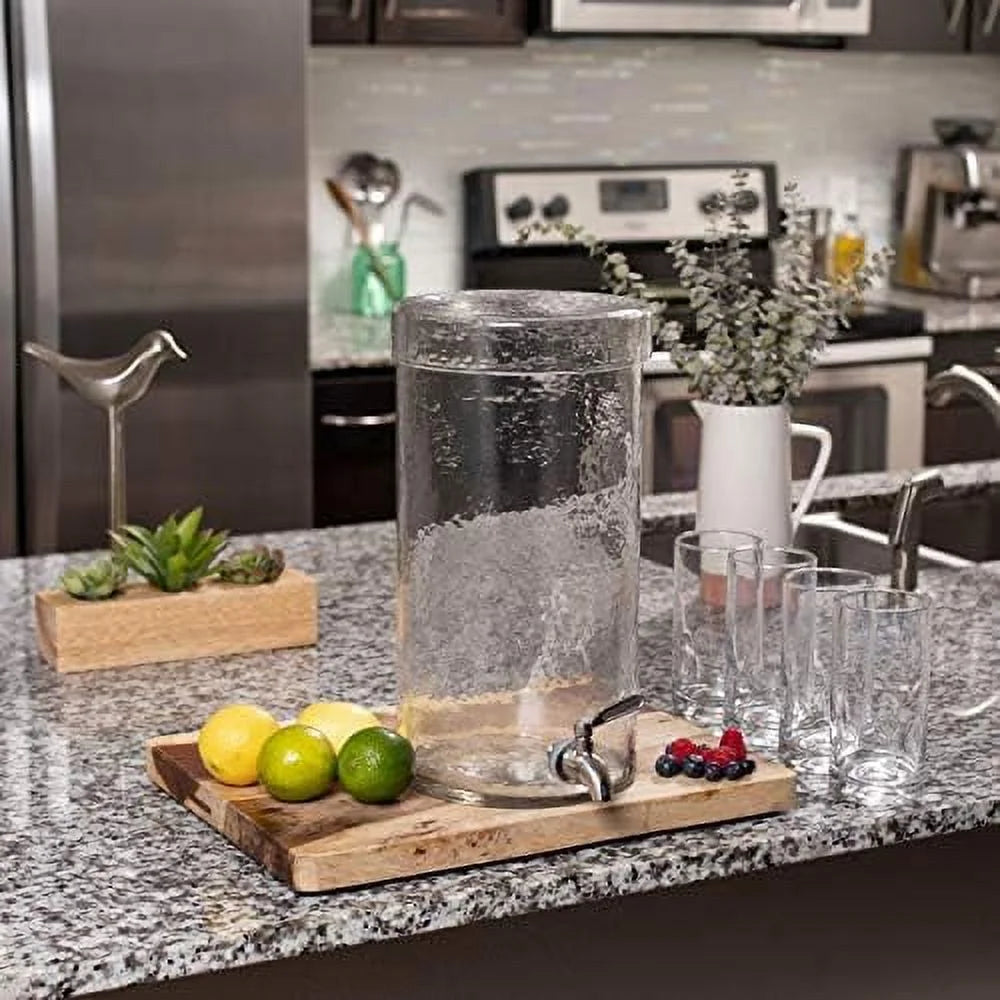 Gallon Beverage Dispenser With Lid, Hammered Glass, Stainless Steel Spigot Y91696