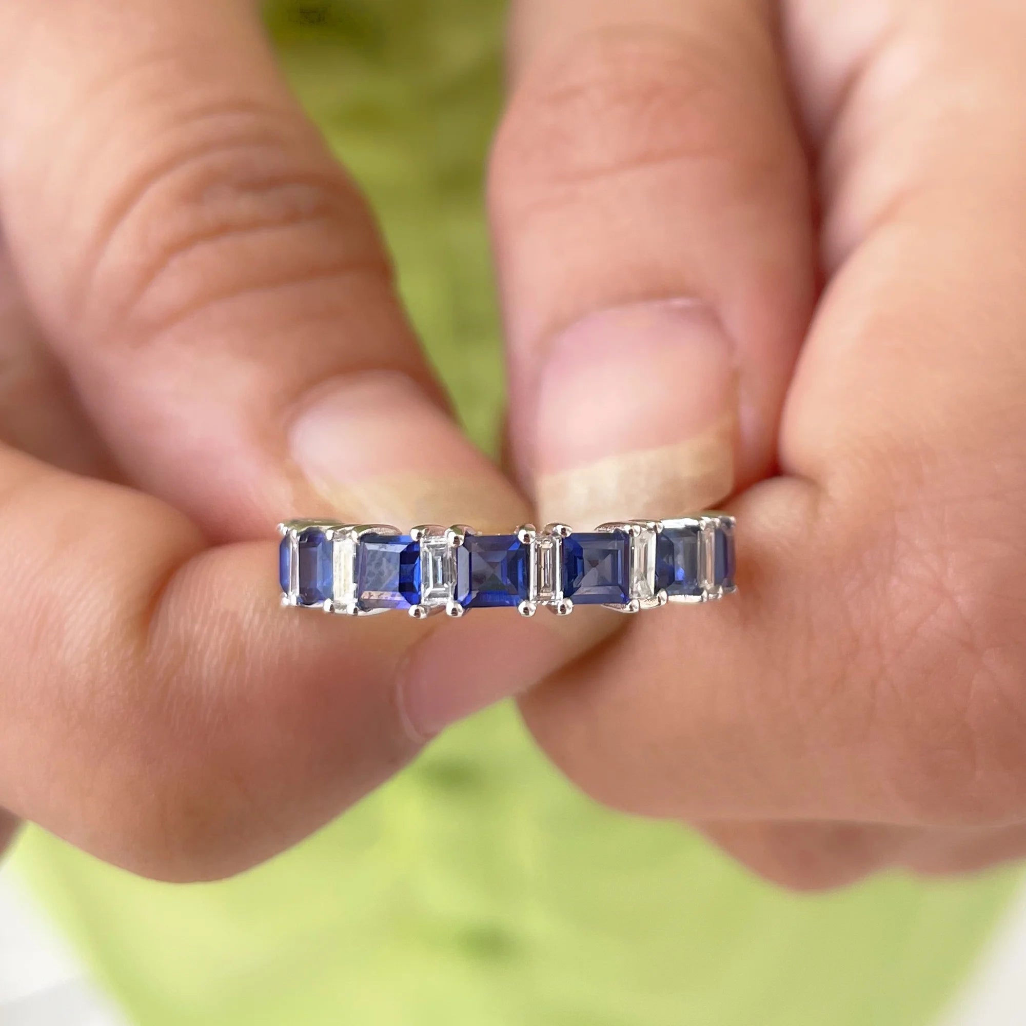 14K White Gold Princess Cut Blue Sapphire Half Eternity Ring with Diamond Z366842