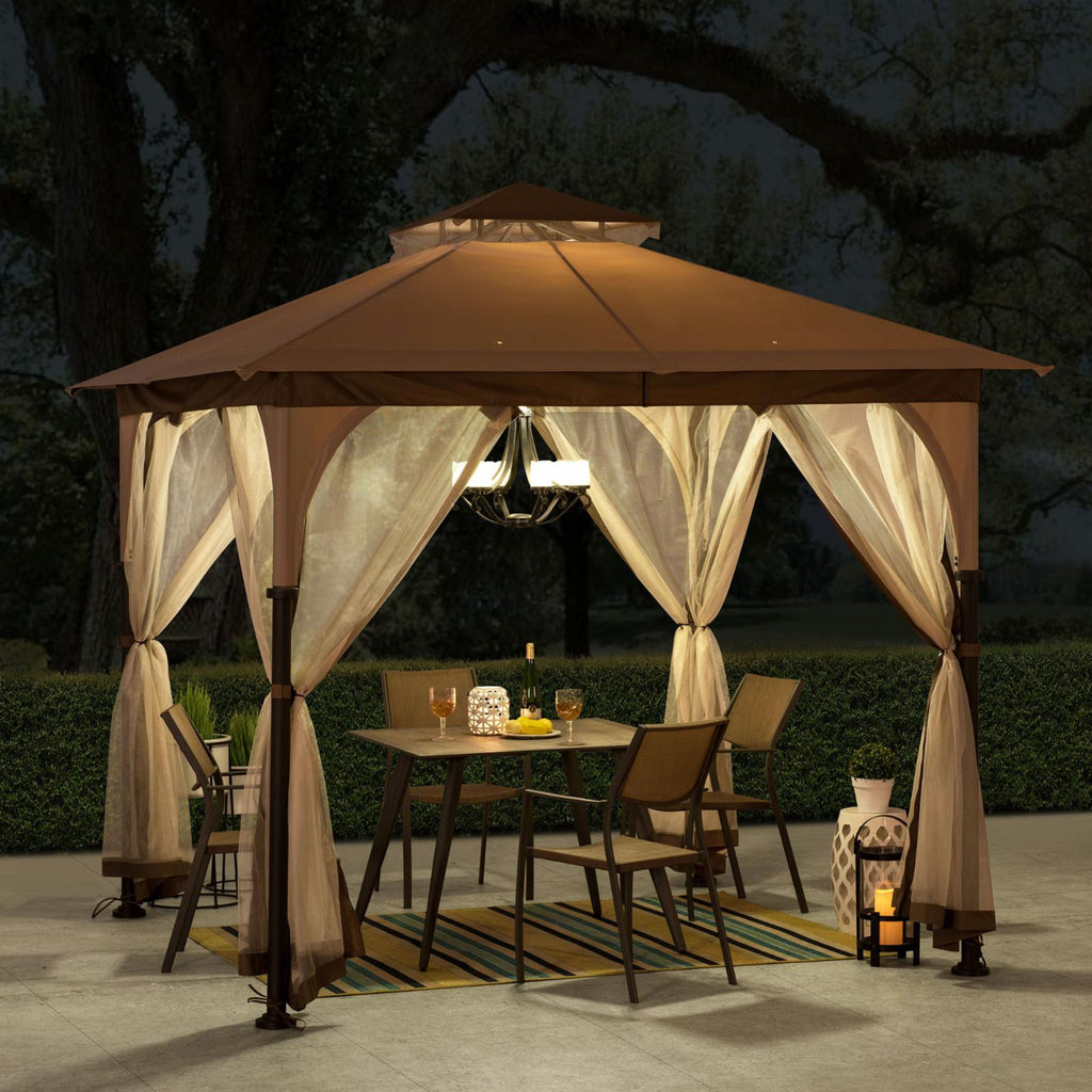 Tan and Brown Steel Frame Outdoor Patio Gazebo with Netting K222420
