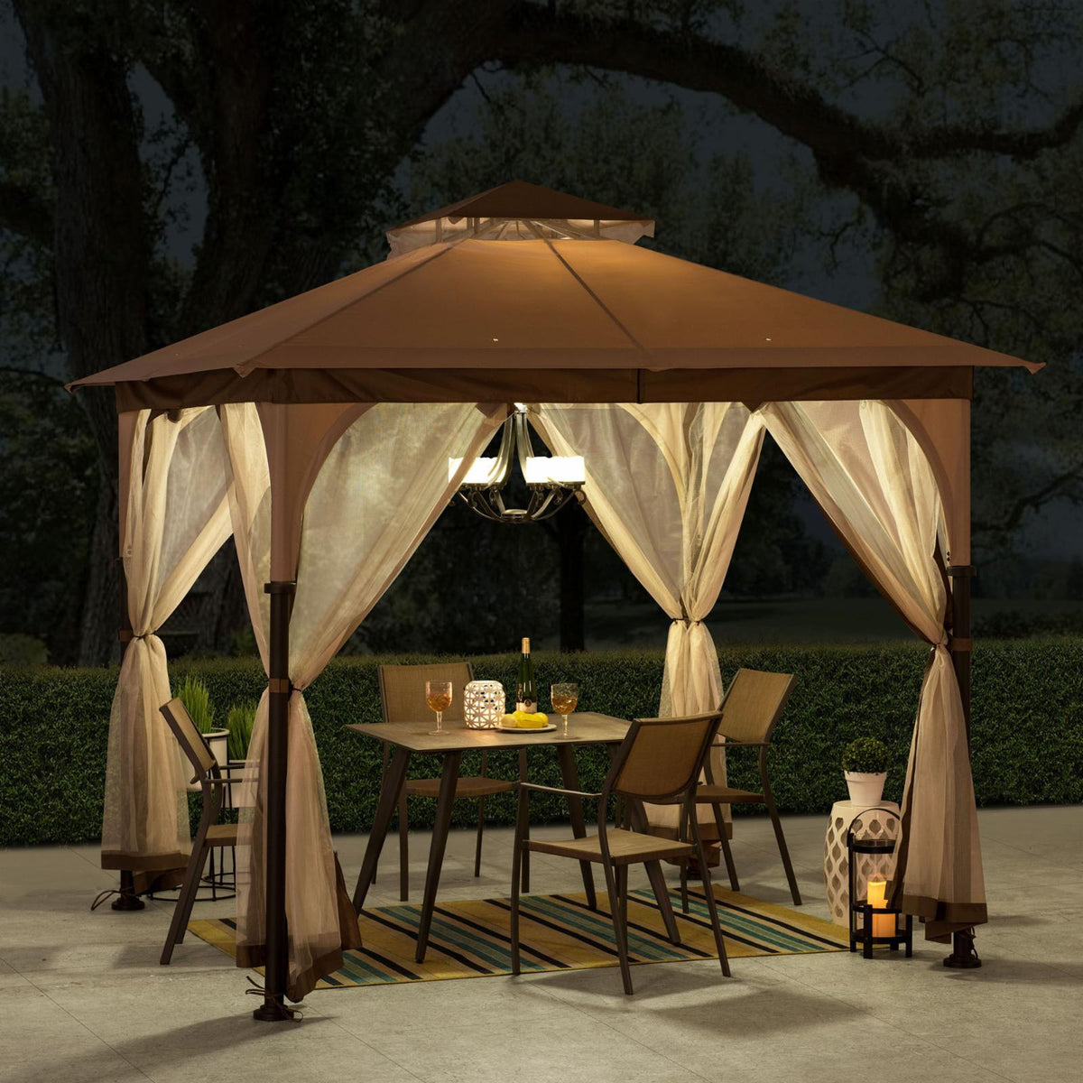 Tan and Brown Steel Frame Outdoor Patio Gazebo with Netting K222420