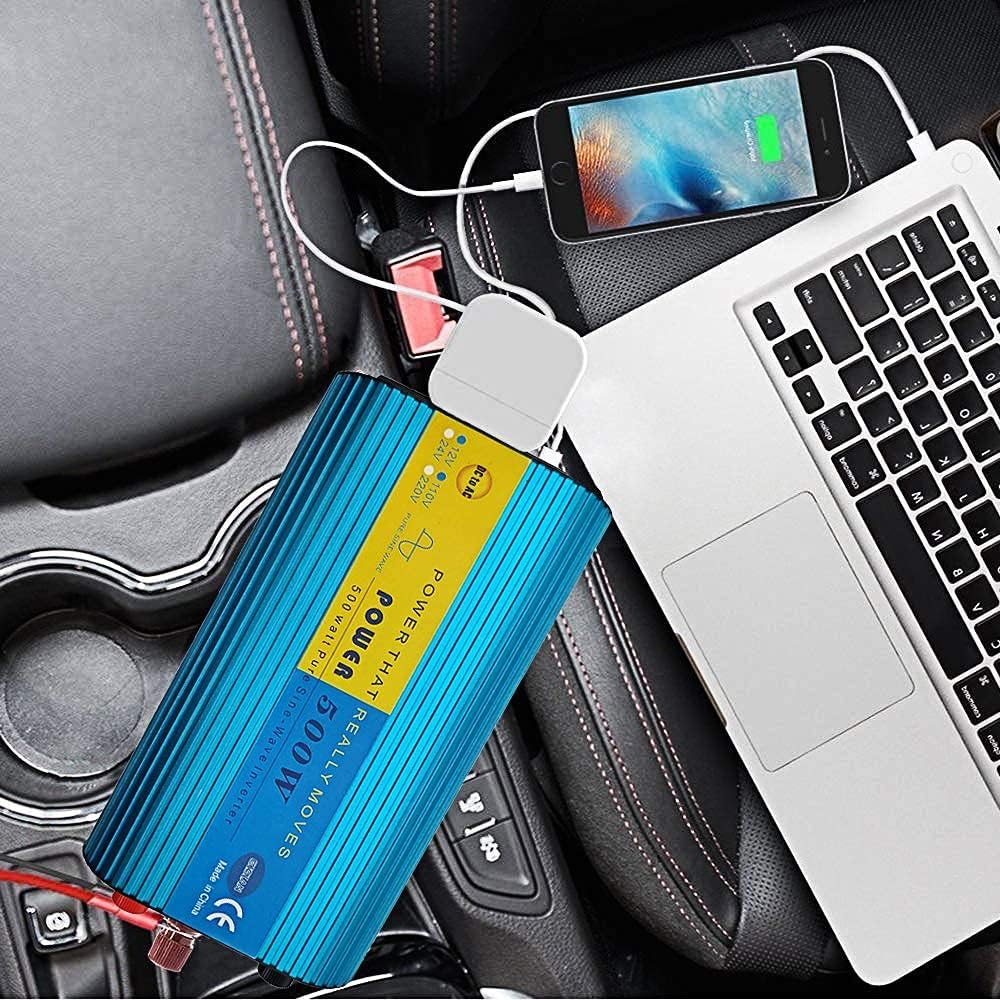 500W Pure Sine Wave Power Inverter DC 12V to AC 110V with 2.1A USB Charging Port and 2 AC Outlets, Pack of 2 F420