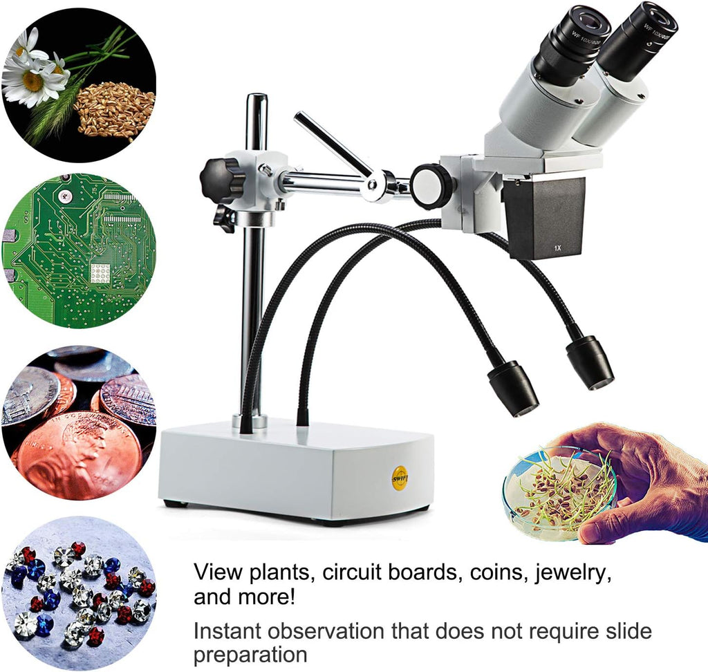 Professional Dissecting Binocular Stereo Microscope, WF10x WF20x Eyepieces, 10X 20X Magnification, 1X Objective, LED Lighting, Boom-Arm Stand K453948