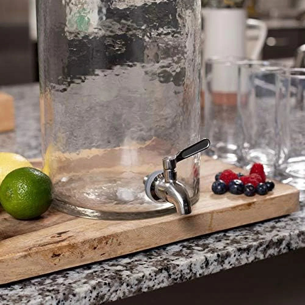 Gallon Beverage Dispenser With Lid, Hammered Glass, Stainless Steel Spigot Y91696