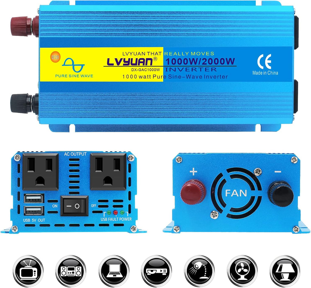 1000W Pure Sine Wave Car Power Inverter DC 12V to 110V AC with Dual AC Outlets and Dual USB Charging Ports D9242