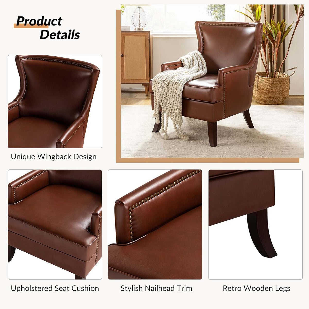 Brown Faux Leather Accent Chairs Set Of 2 With Nailhead Trim Wingback M9794