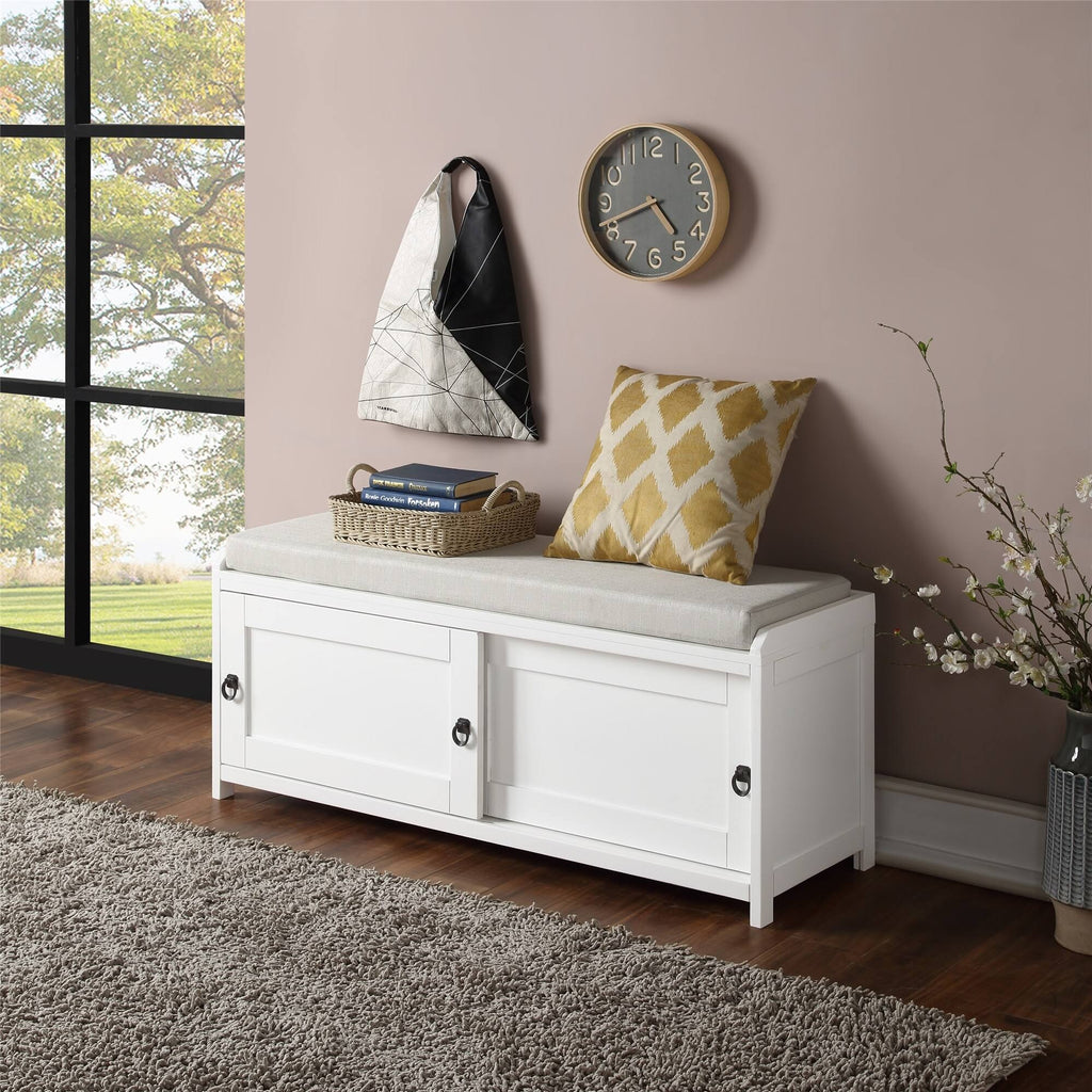 White Wood Entryway Storage Bench with 2 Cabinets V43796