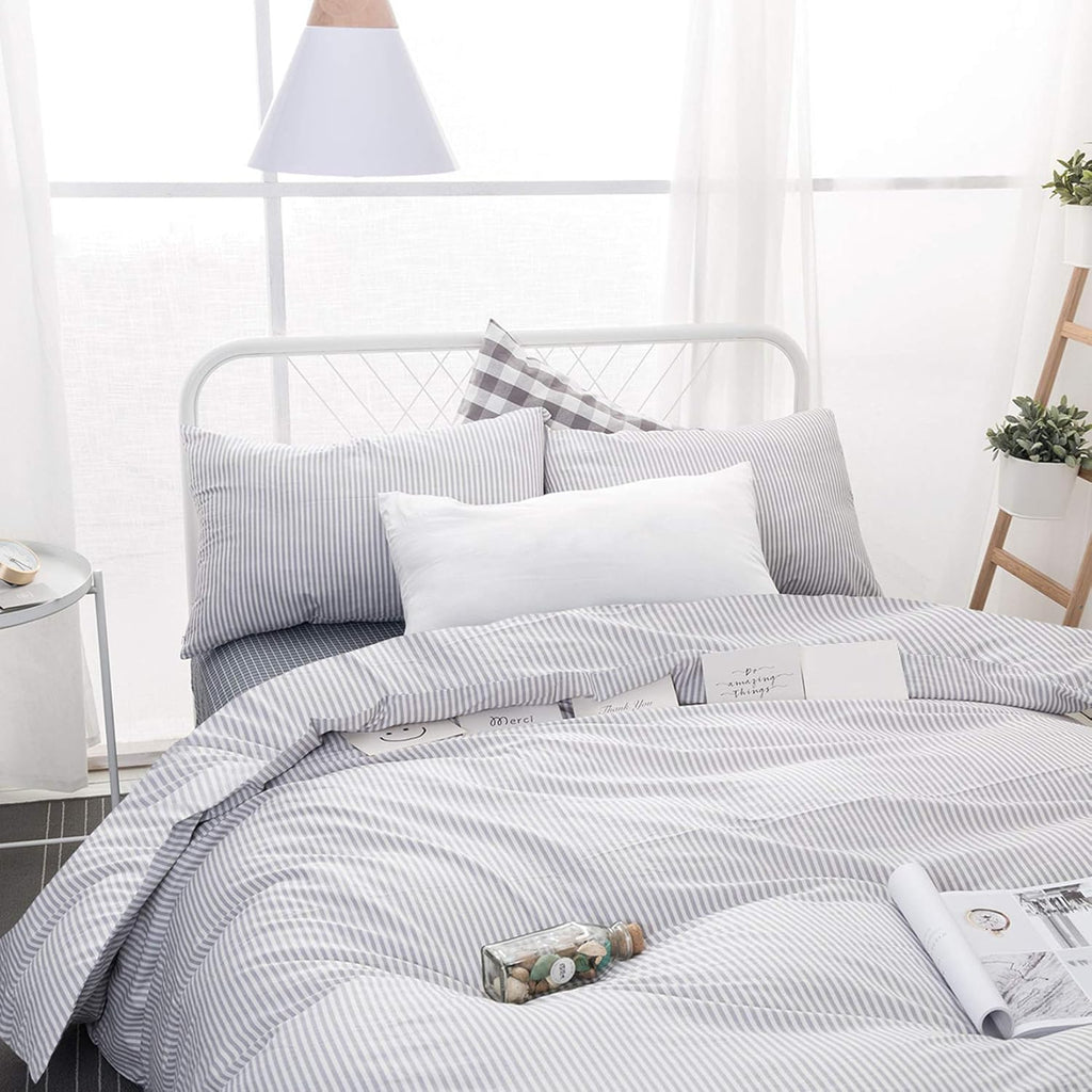 Gray White Striped 100% Cotton Duvet Cover Set, California King Size F928036