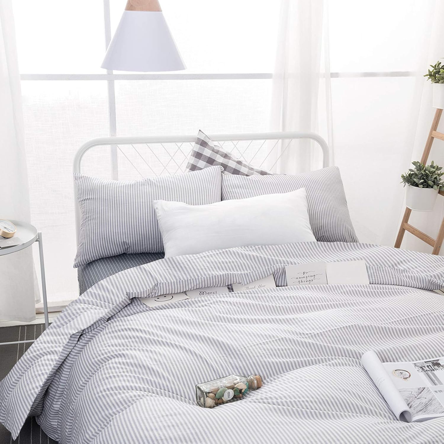 Gray White Striped 100% Cotton Duvet Cover Set, California King Size F928036