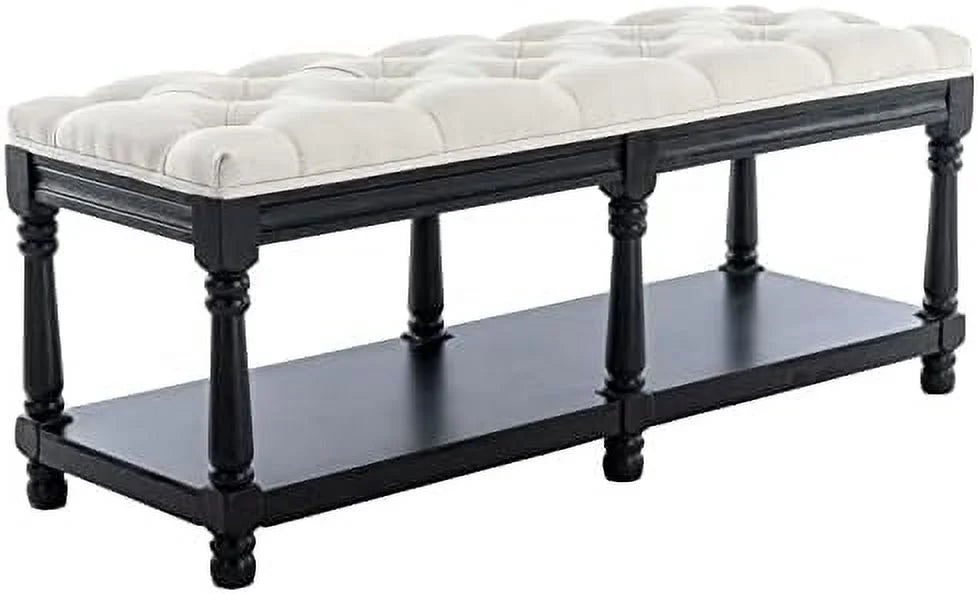 Beige Fabric Upholstered Bench with Ring Pull Q1380