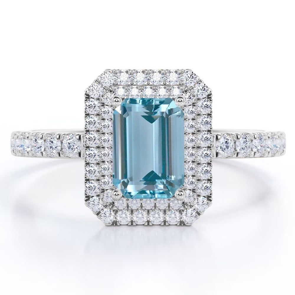 18K White Gold Plated Emerald Cut Aquamarine and Moissanite Double Halo Engagement Ring L252