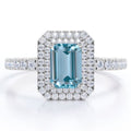 18K White Gold Plated Emerald Cut Aquamarine and Moissanite Double Halo Engagement Ring L252