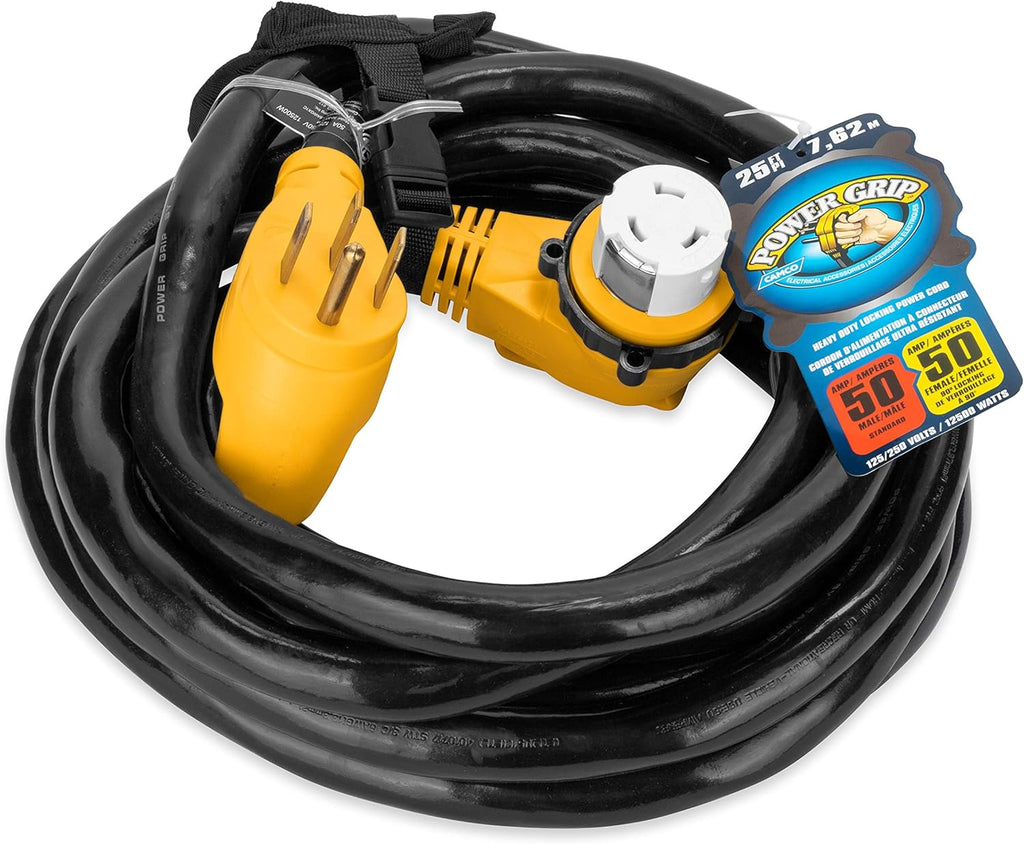 25' PowerGrip Cord with 50M/50F-90 Degree Locking Adapter, Black Z423172