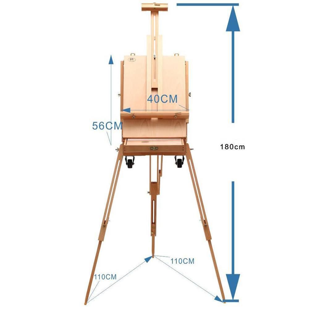 Portable Folding French Wooden Easel with Sketch Box Drawer and Rolling Casters Wheels C96648