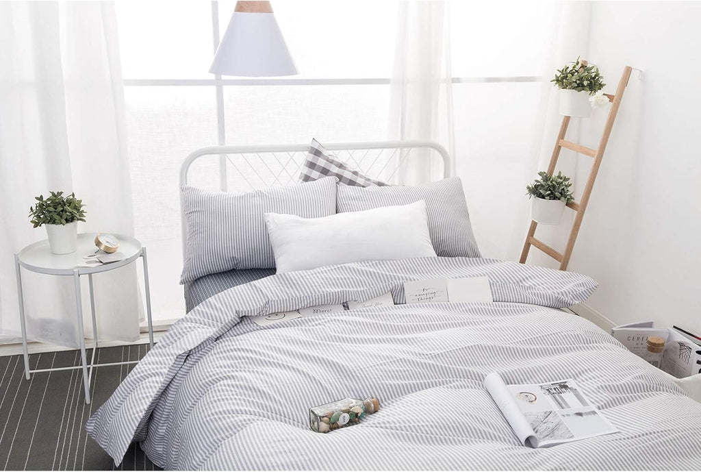 Gray White Striped 100% Cotton Duvet Cover Set, California King Size F928036