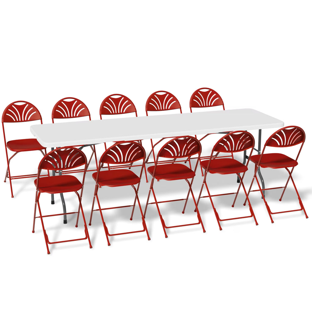 11 Pieces 8 Ft White Heavy Duty Utility Table and 10 Red Chair Set Folding Round Table with Handle P542
