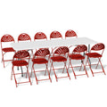 11 Pieces 8 Ft White Heavy Duty Utility Table and 10 Red Chair Set Folding Round Table with Handle P542
