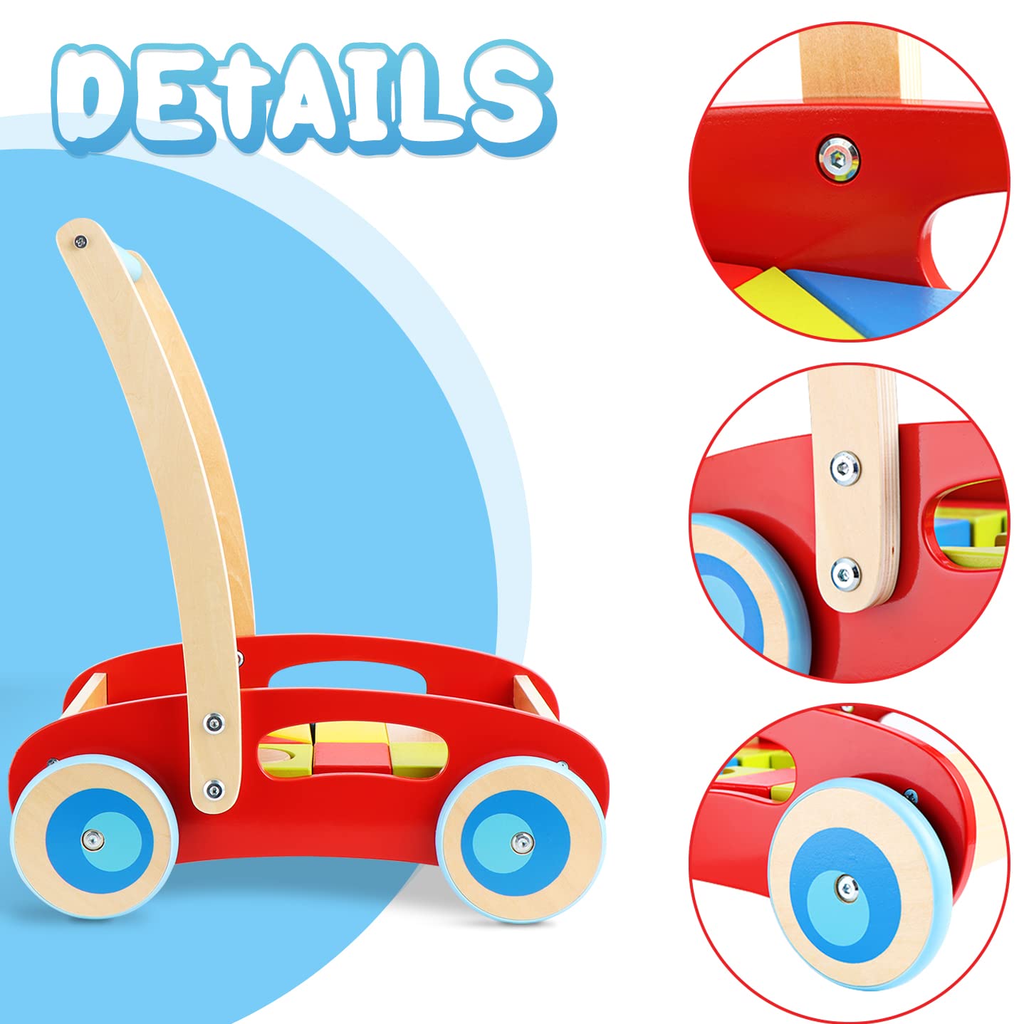 Wooden Baby Walker and Push Toy, Blocks and Roll Cart Pack of 2 Z9801