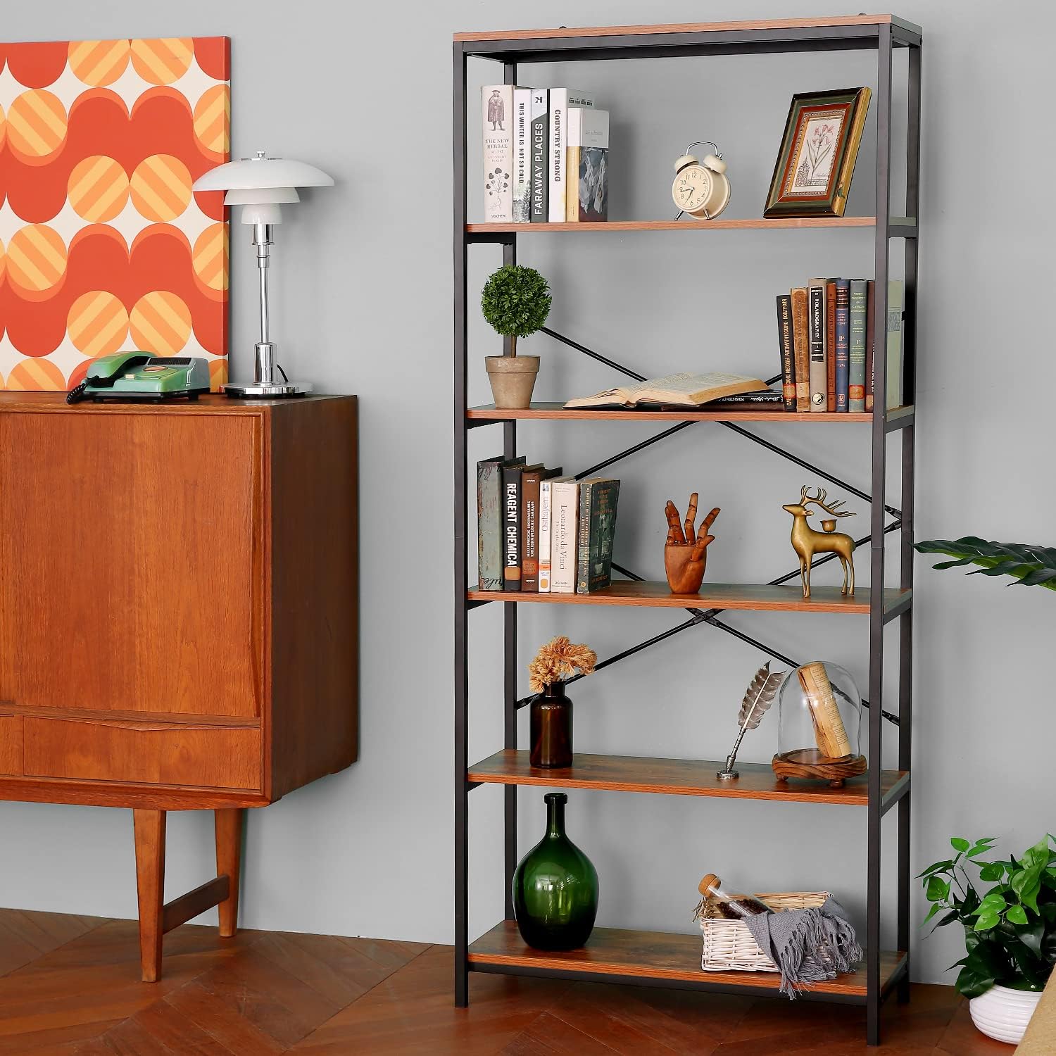 5 Shelf Metal and Wooden Bookshelf Q888