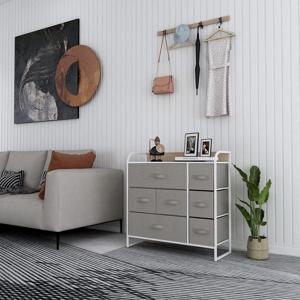 Light Grey 7 Drawer Fabric Dresser with Steel Frame I14514