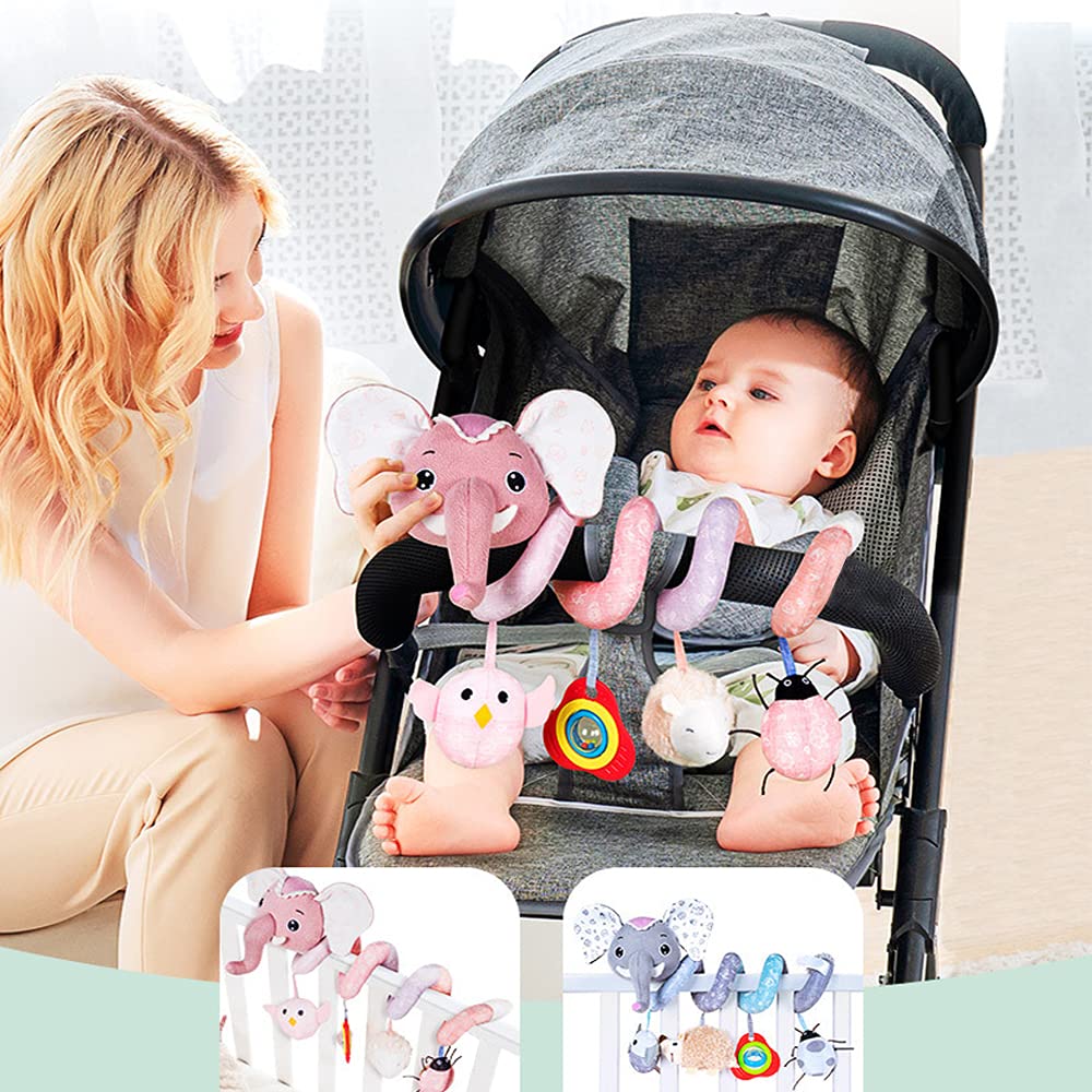 Pink Elephant Baby Car Seat Toys with Musical Owl Rattle V9453