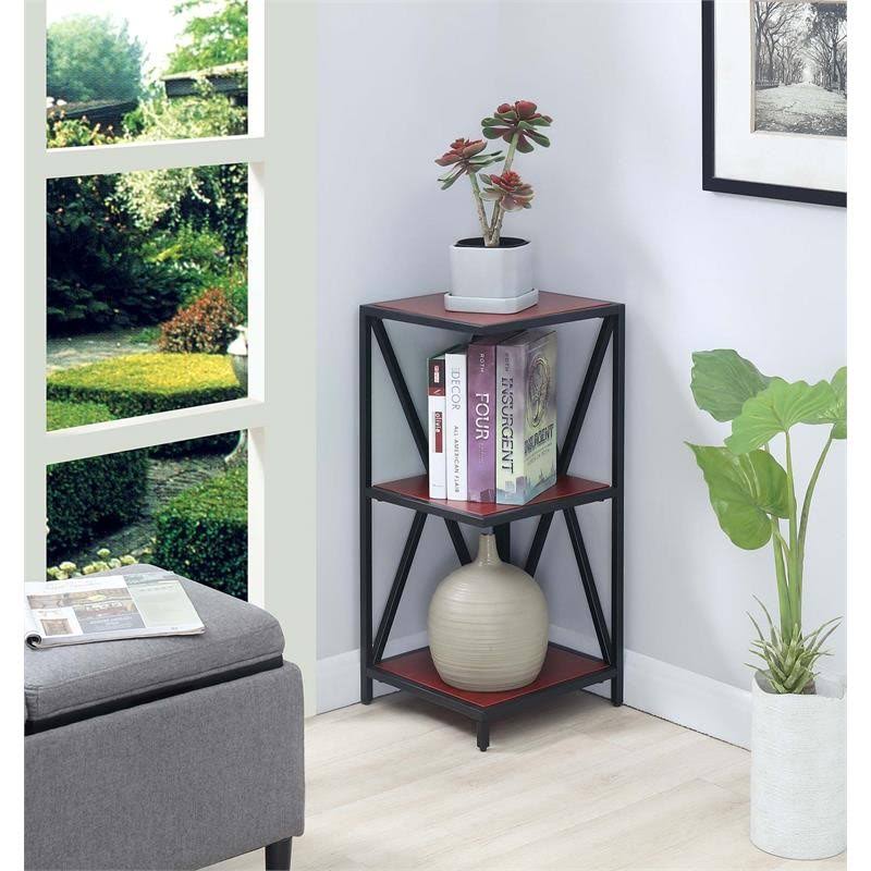 Cherry Wood Metal Three-Tier Corner Bookcase T3181