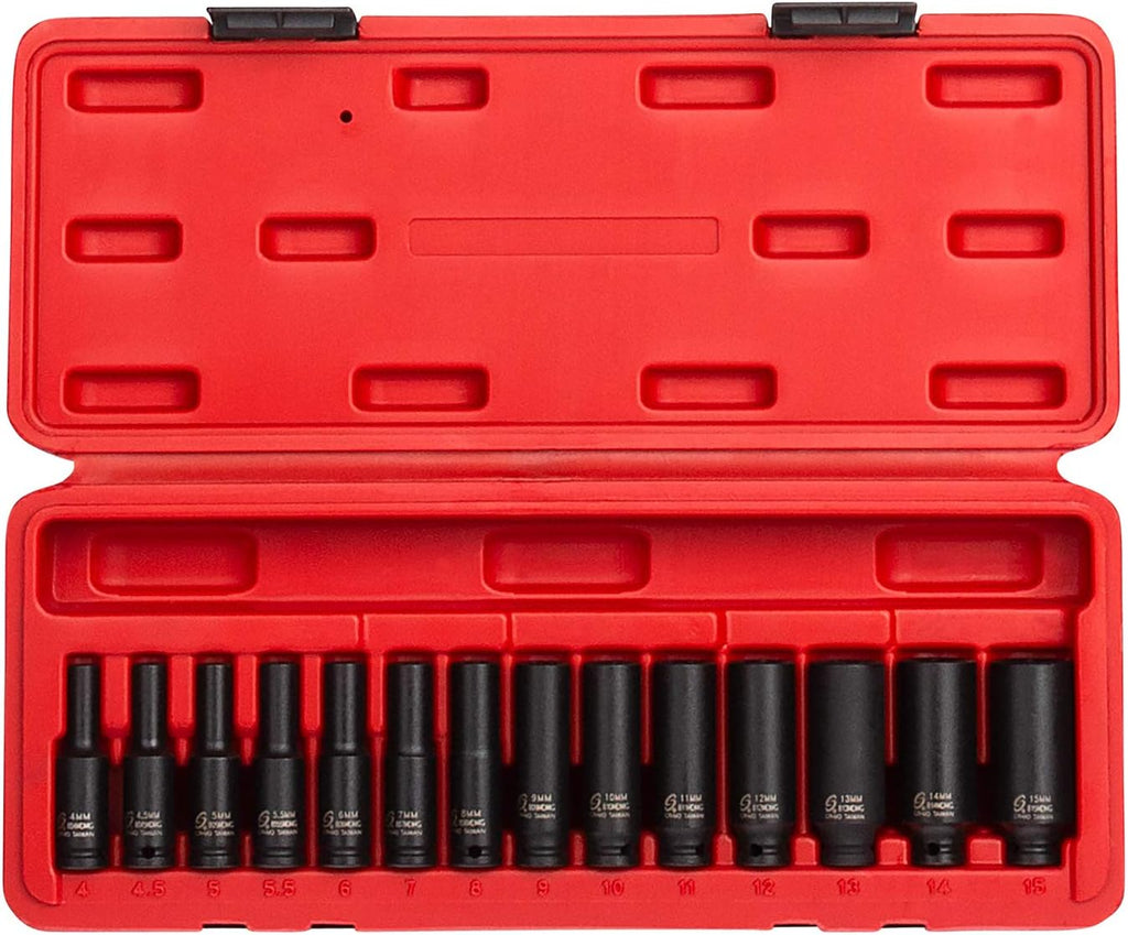 14-Piece 1/4 Inch Drive Deep Magnetic Impact Socket Set, Metric, Cr-Mo Alloy Steel M502106