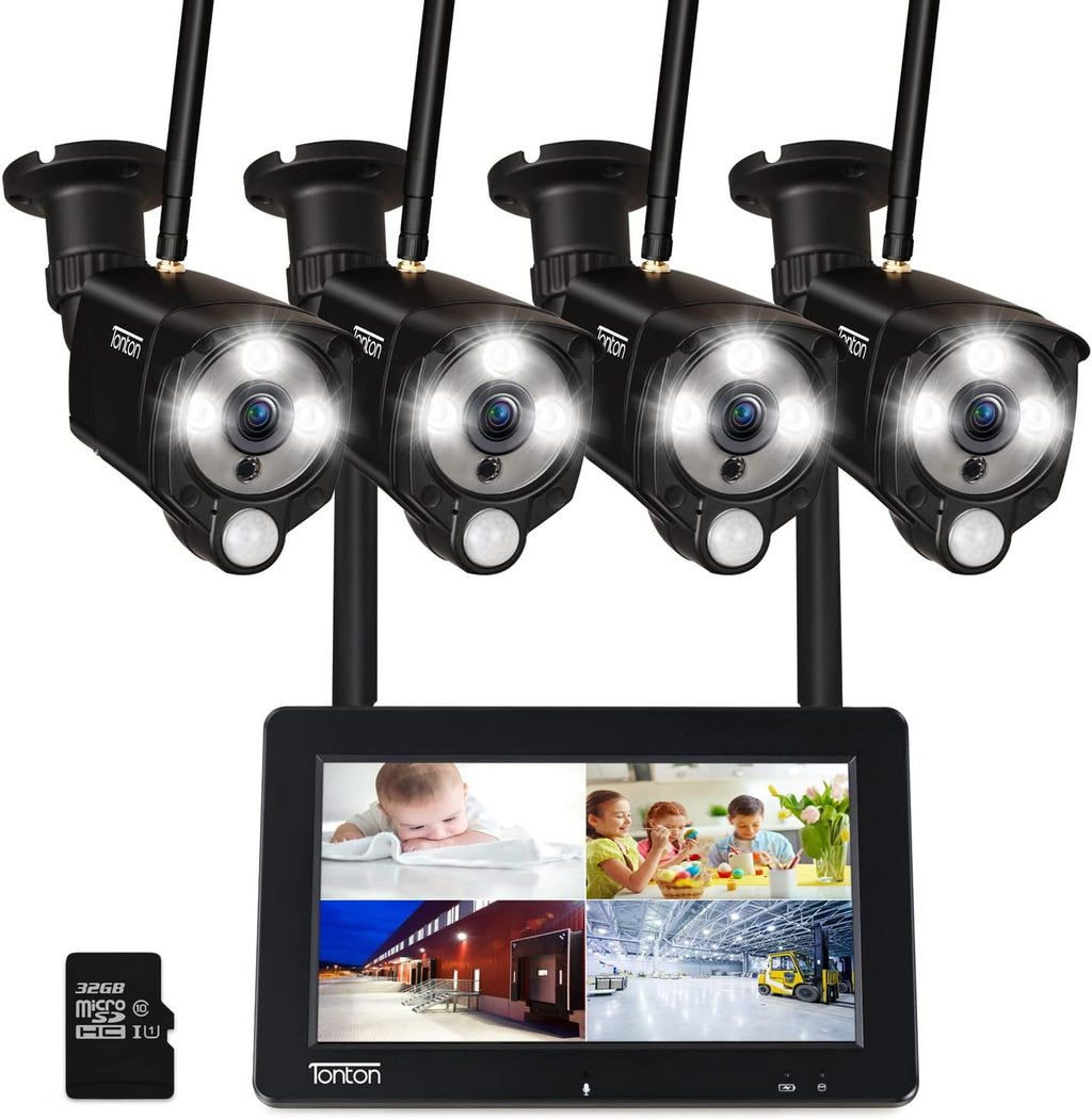 Portable LCD Security Camera System Wireless, 7" IPS Touchscreen Monitor with Battery, 4CH NVR and 4PCS 3MP Cameras with PIR Sensor, 32GB SD Card Included T2590