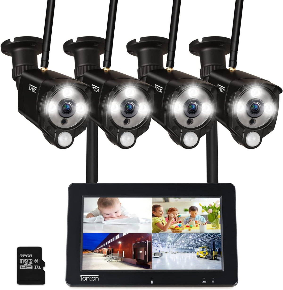 Portable LCD Security Camera System Wireless, 7" IPS Touchscreen Monitor with Battery, 4CH NVR and 4PCS 3MP Cameras with PIR Sensor, 32GB SD Card Included T2590