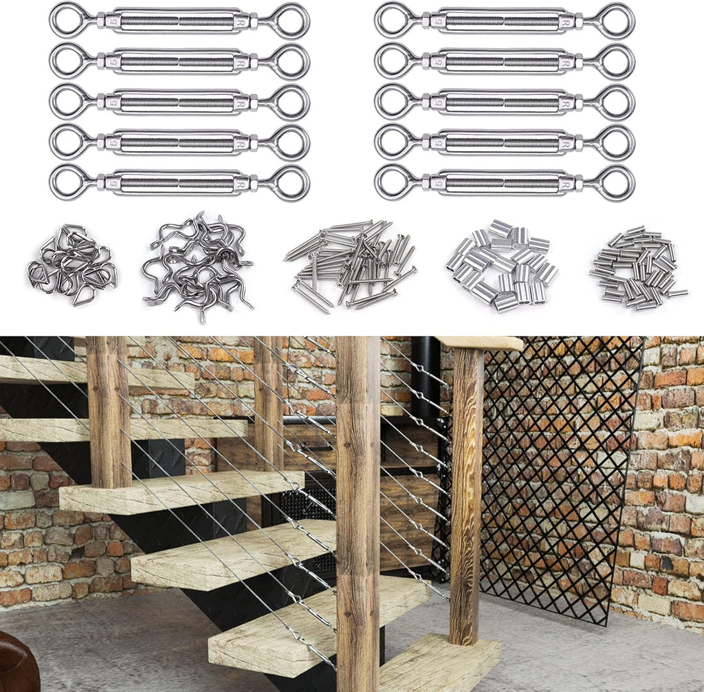 10 Set 1/8 Cable Railing Kit Hardware Heavy Duty Turnbuckle M5 Eye to Eye Stainless Steel E212210