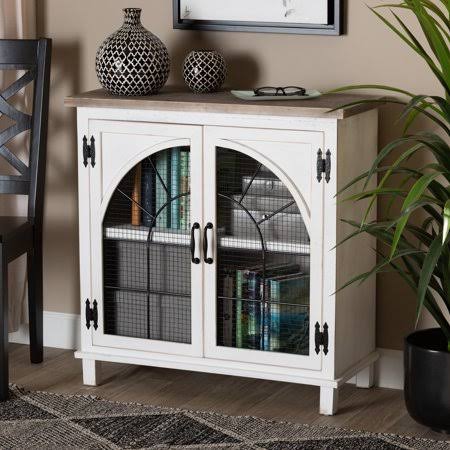 Two-Tone Distressed White and Oak Brown Wood 2-Door Storage Cabinet I726