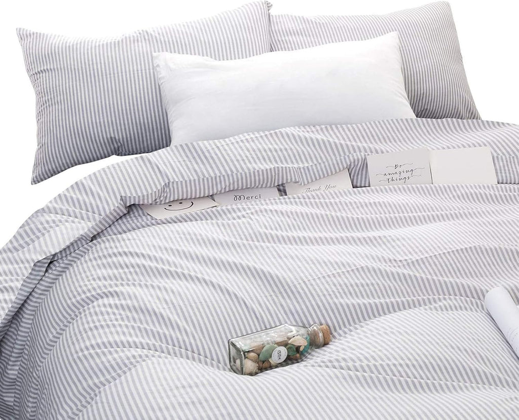 Gray White Striped 100% Cotton Duvet Cover Set, California King Size F928036