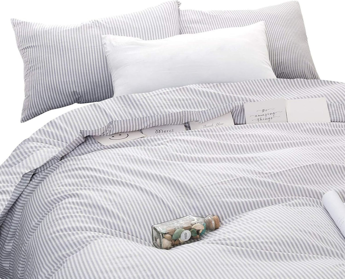 Gray White Striped 100% Cotton Duvet Cover Set, California King Size F928036