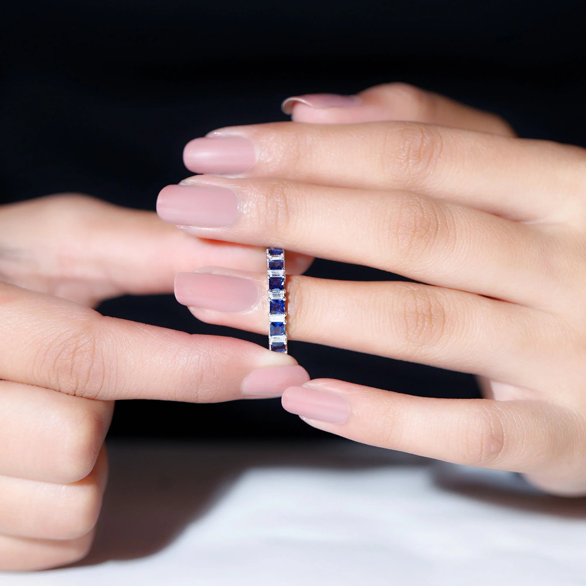 14K White Gold Princess Cut Blue Sapphire Half Eternity Ring with Diamond Z366842